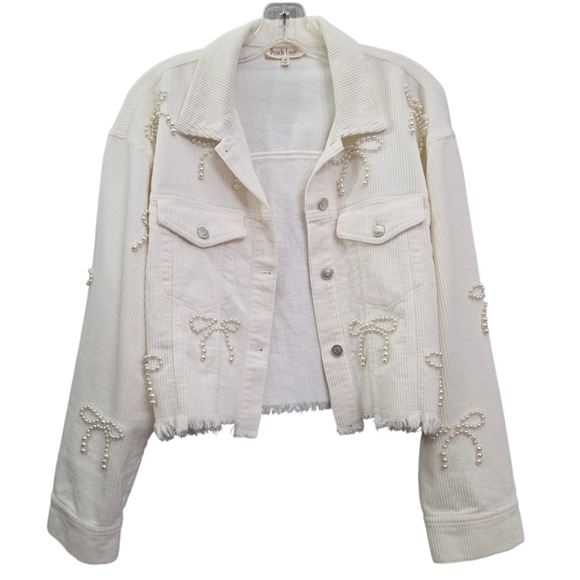 Nwot Peach Love Ivory Cordoroy Pearl Bows Cropped Raw Edge Collared Jacket - Picture 16 of 17